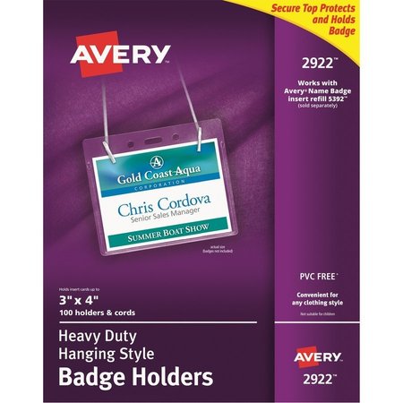 AVERY Badge Holder, Landscape, w/Neck Cord, 4"x3", 100/BX, Clear PK AVE2922
